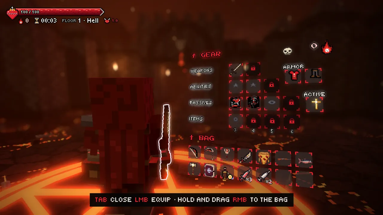 The rebel's inventory: weapons, armour and, in the bag, Armadrenaline and healing syringes