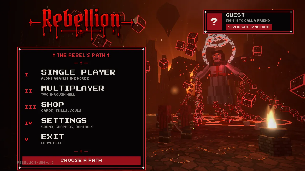 The lobby: Lucifer in chains of red cubes above the main menu