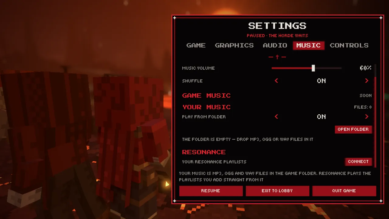 Settings → Music: your own folder and the Resonance source with the Connect button